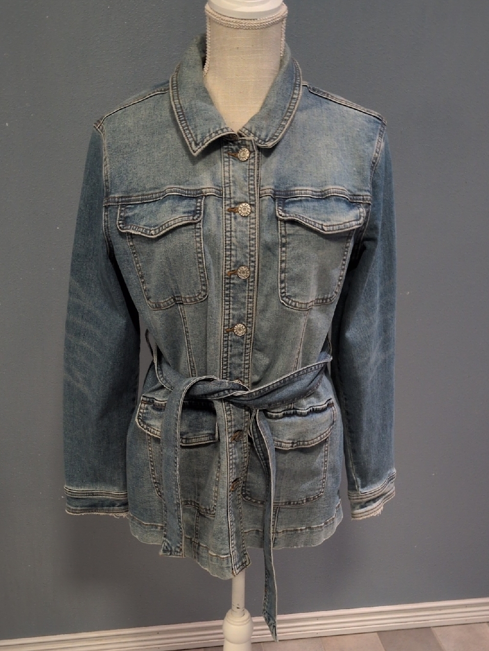 Cato Distressed Denim Cotton Beld Belted Maximalist Retro Acid Washed Buttondown